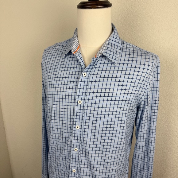 Butter Cloth Shirt Mens Large Blue Grid Check Flip Cuff Regular Fit Lightweight - Picture 2 of 7